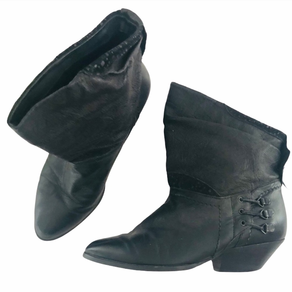 Yugoslavia “Karen” Black leather embossed tie boots with heels size 7